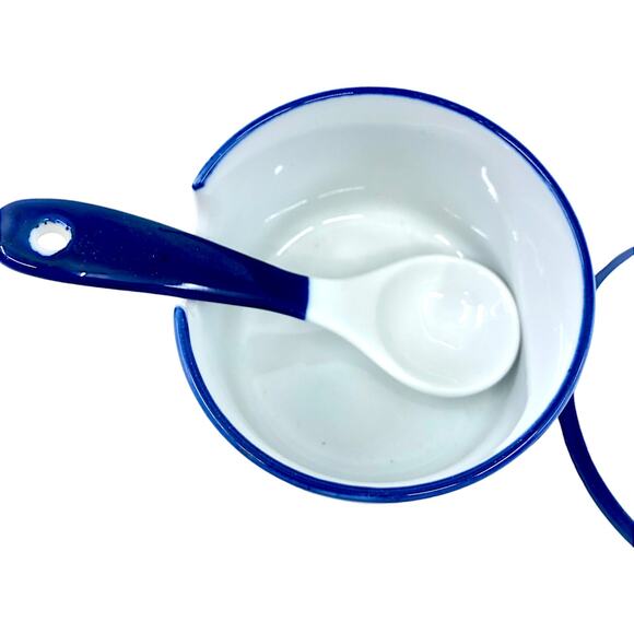 DANSK Blue & White Sugar Bowl w/ Lid & Serving Spoon - Picture 4 of 8